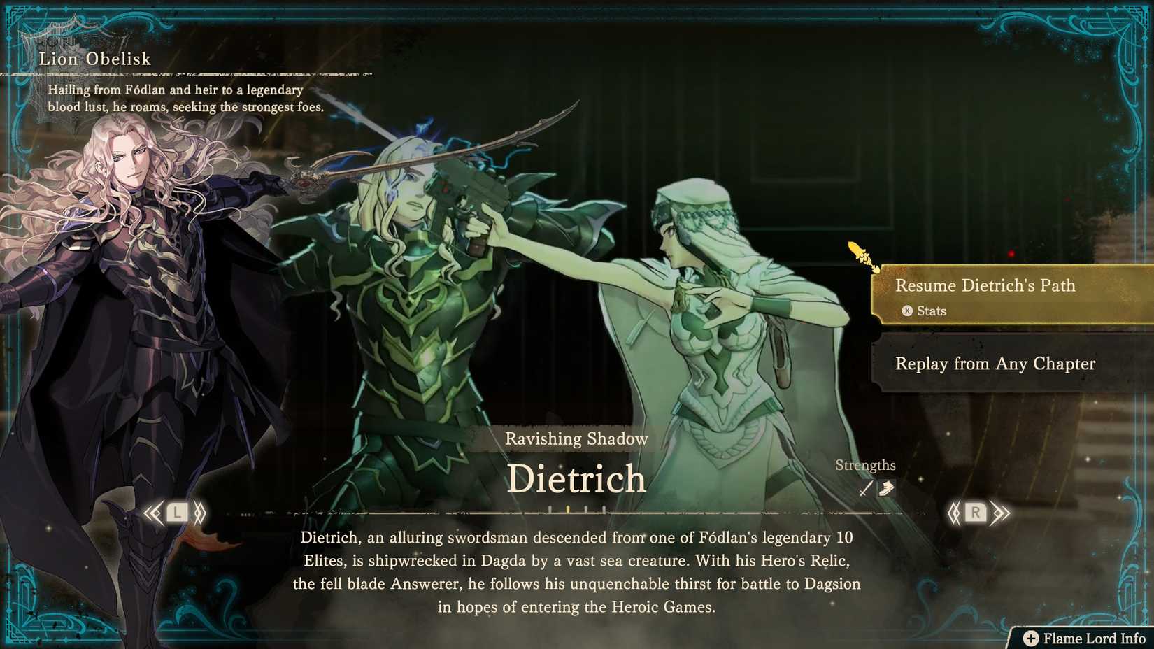 Dietrich's character selection menu in Fire Emblem Fortune's Weave