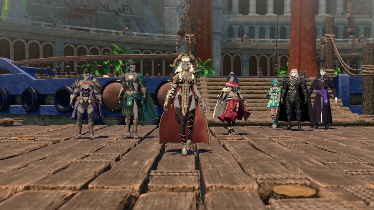 Theodora walking in front of her retainers, Leda, and Dietrich in Fire Emblem Fortune's Weave