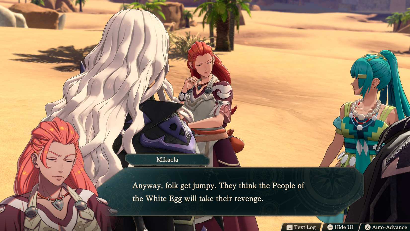 Mikaela discussing the People of the White Egg in Fire Emblem Fortune's Weave