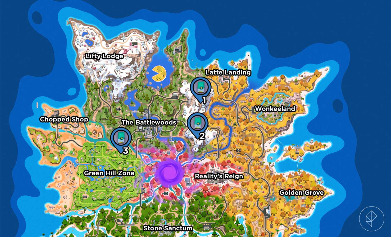 The Fortnite Chapter 7 Season 4 map marked with the locations of three audio logs.