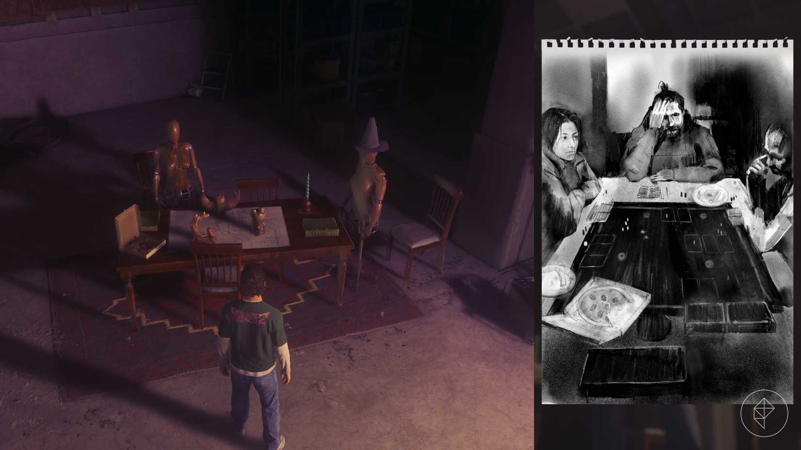 Dylan standing in front of mannequins standing over a game board in Control Resonant.