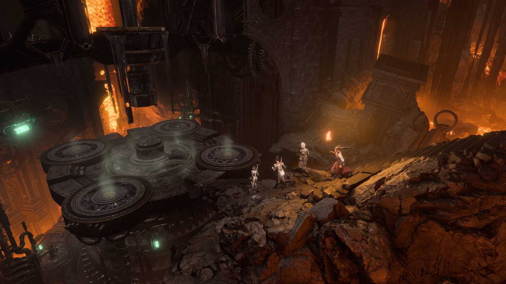 A party of four descending a slope in Baldur's Gate 3.