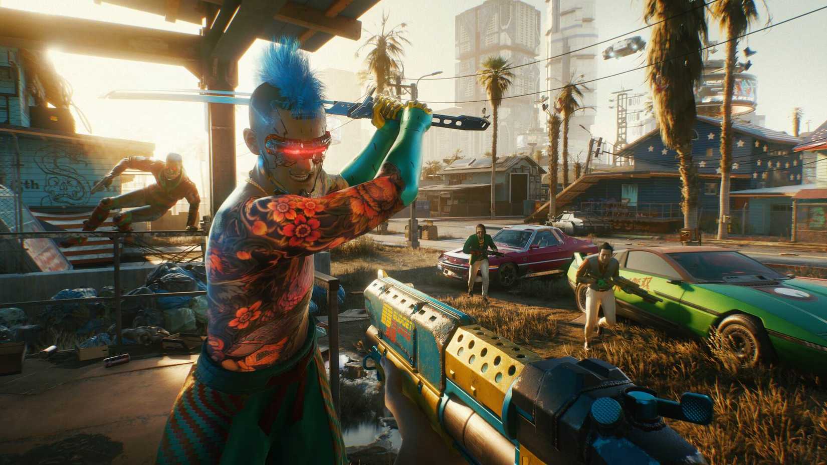 The player being attacked by someone with a machete in Cyberpunk 2077.
