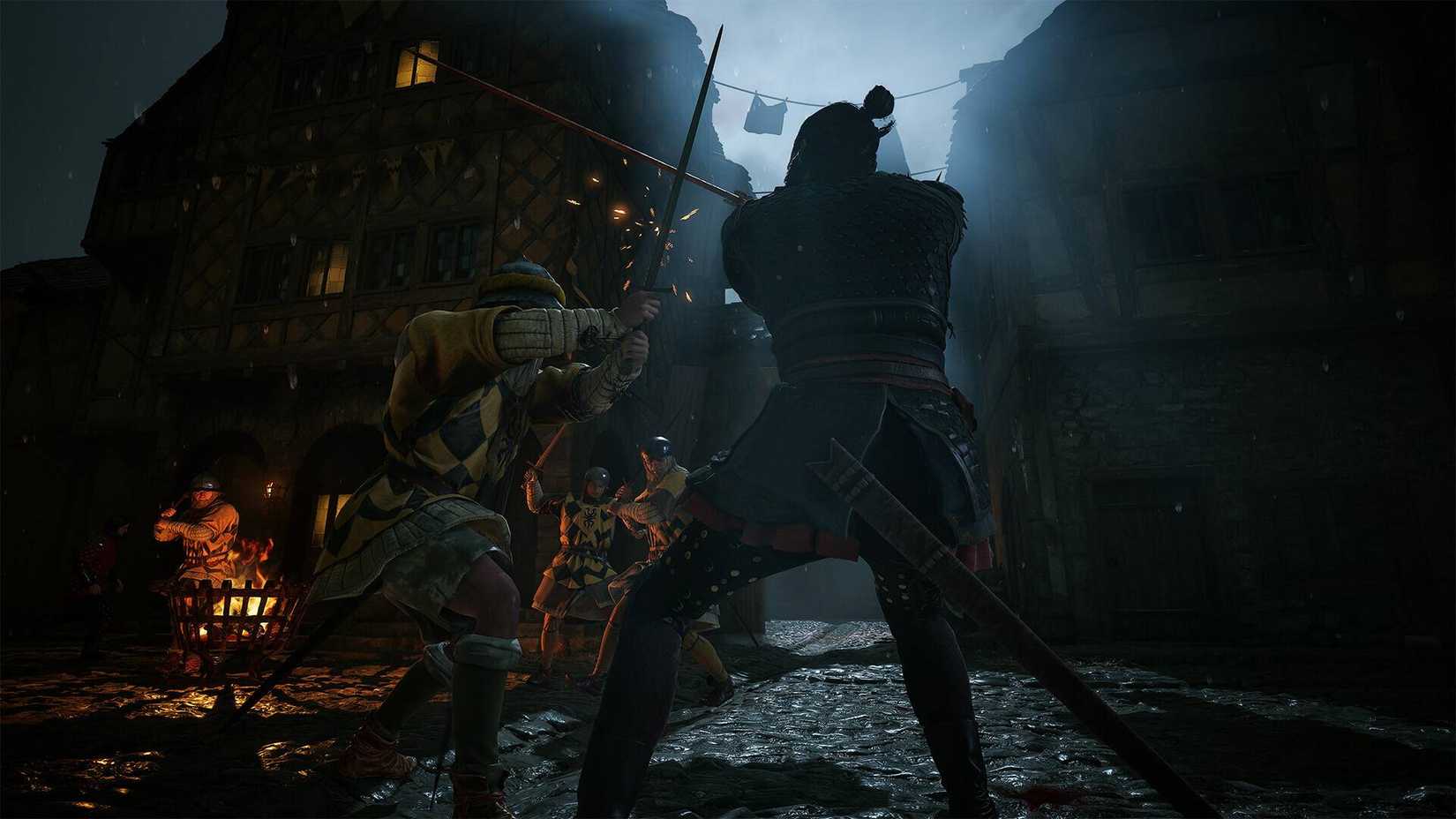 Coen fighting a guard at night in The Blood of Dawnwalker.