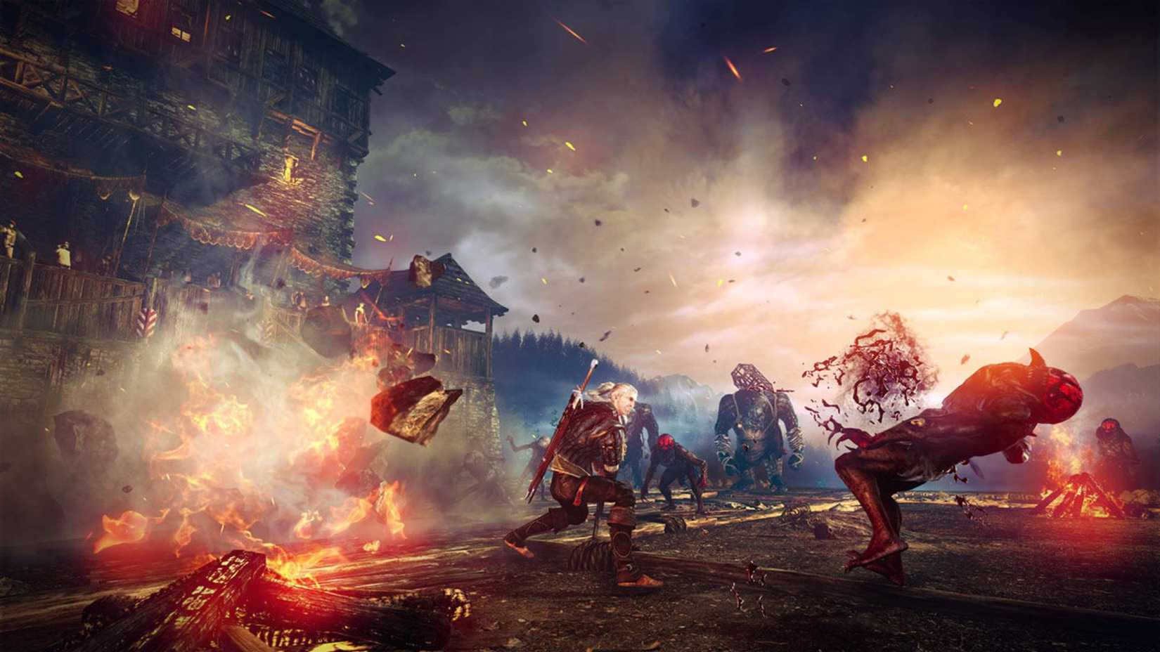 Geralt slaying enemies in The Witcher 2.