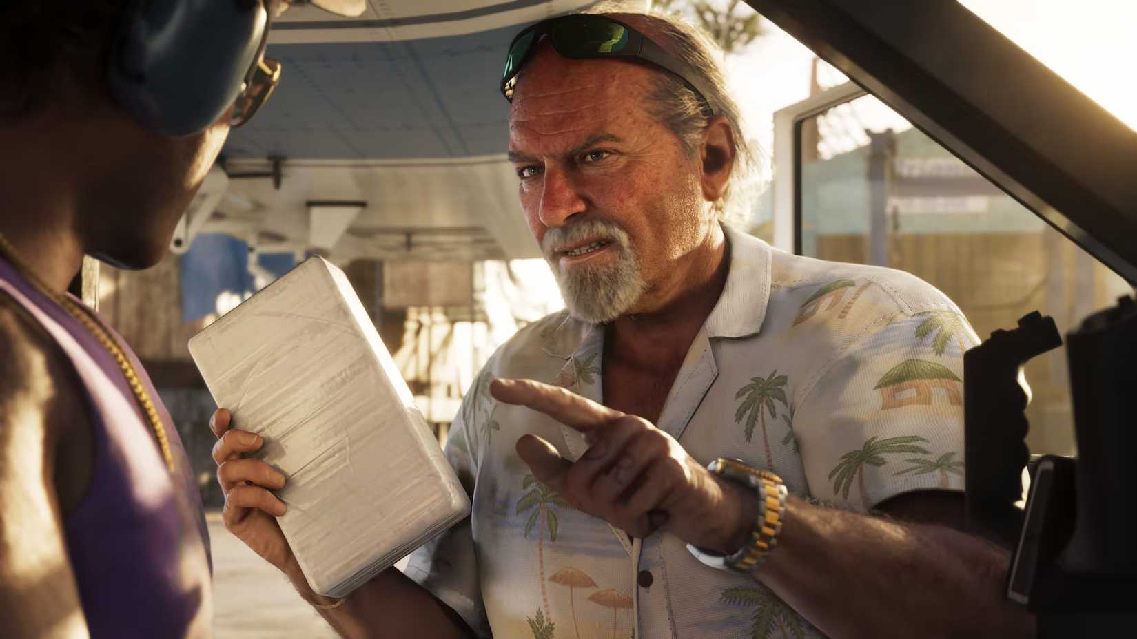 Grand Theft Auto 6 Brian Heder in a palm tree button-up shirt demanding money from someone in a car