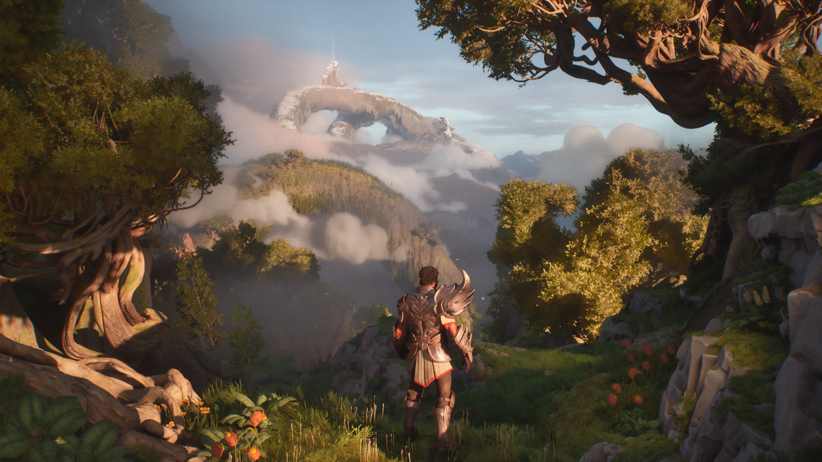 A warrior looks out over a fantasy landscape