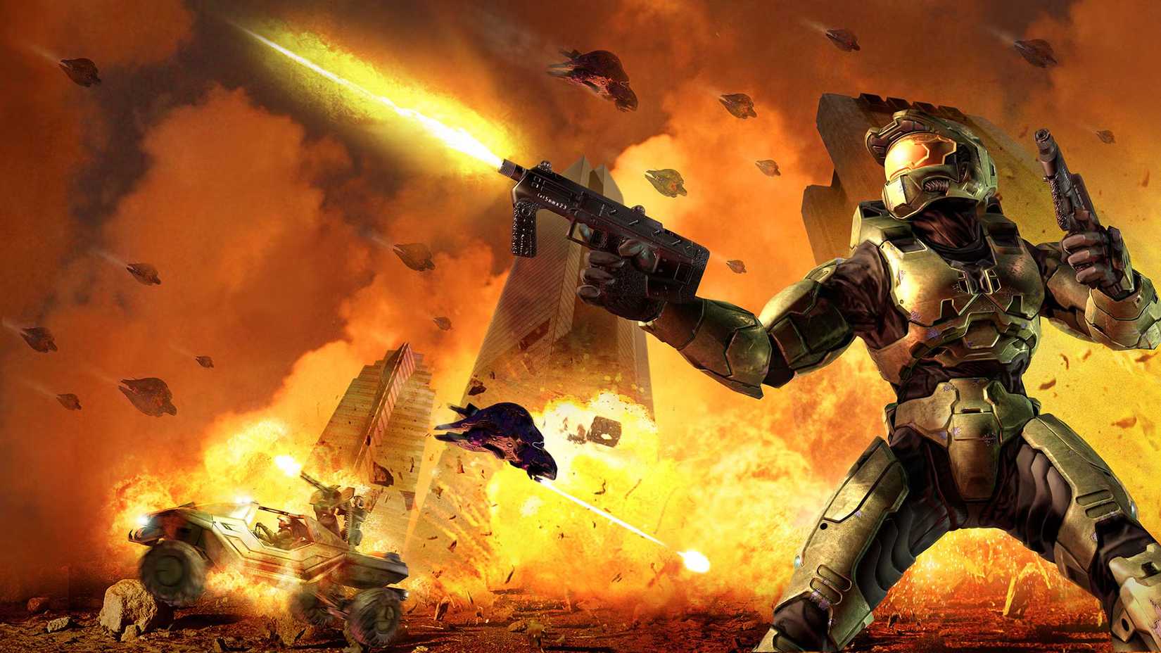 Promotional Image from Halo 2 of Master Chief doing battle with Covenant forces