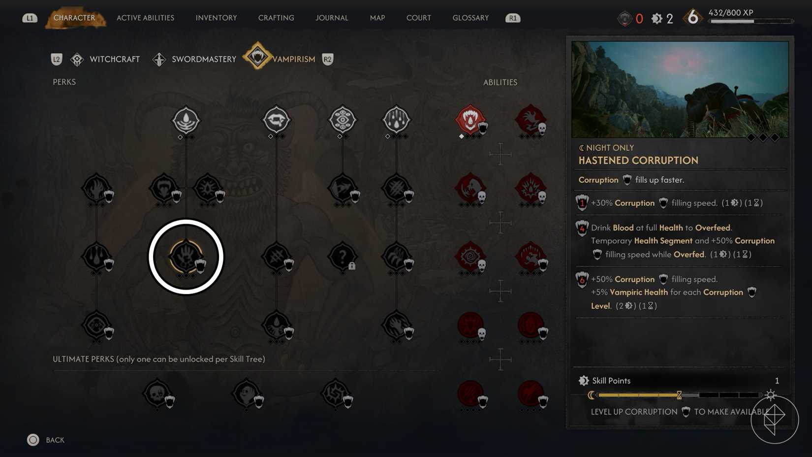 The Hastened Corruption skill circled in the Vampirism skill tree in The Blood of Dawnwalker.