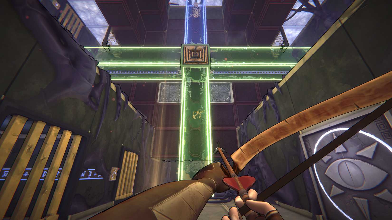 A player looks up at a cross puzzle in He WHo Watches.