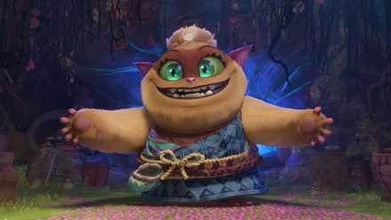 Batiba, a round catlike demon with huge green eyes, throws her arms open as if inviting a hug in the animated movie Forgotten Island