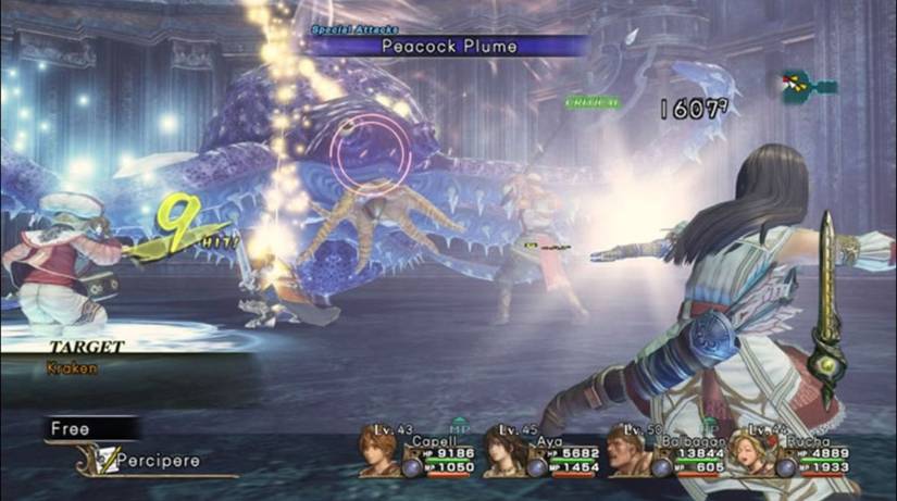 Infinite Undiscovery screenshot - in battle, Aya uses the Peacock Plume special attack on a Kraken