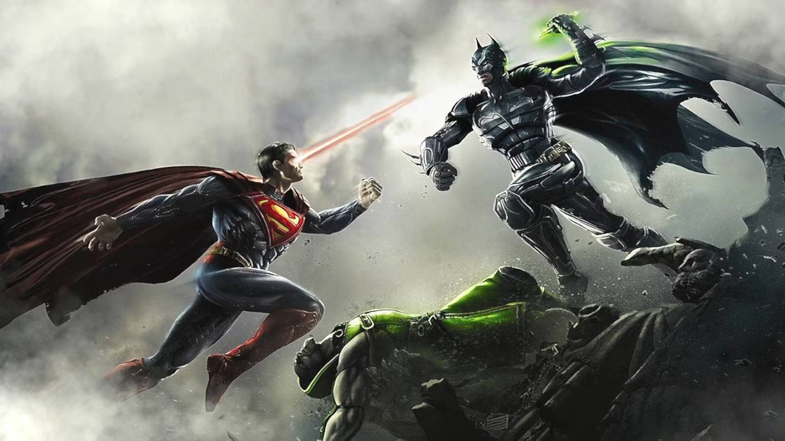 Batman with kryptonite charging to attack Superman