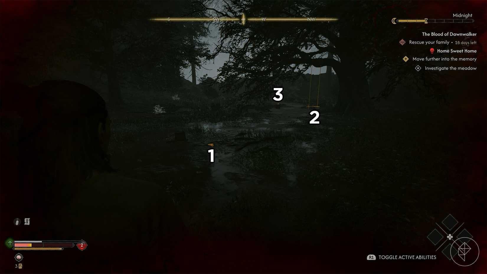 Coen standing in a dark meadow with a swing in The Blood of Dawnwalker.