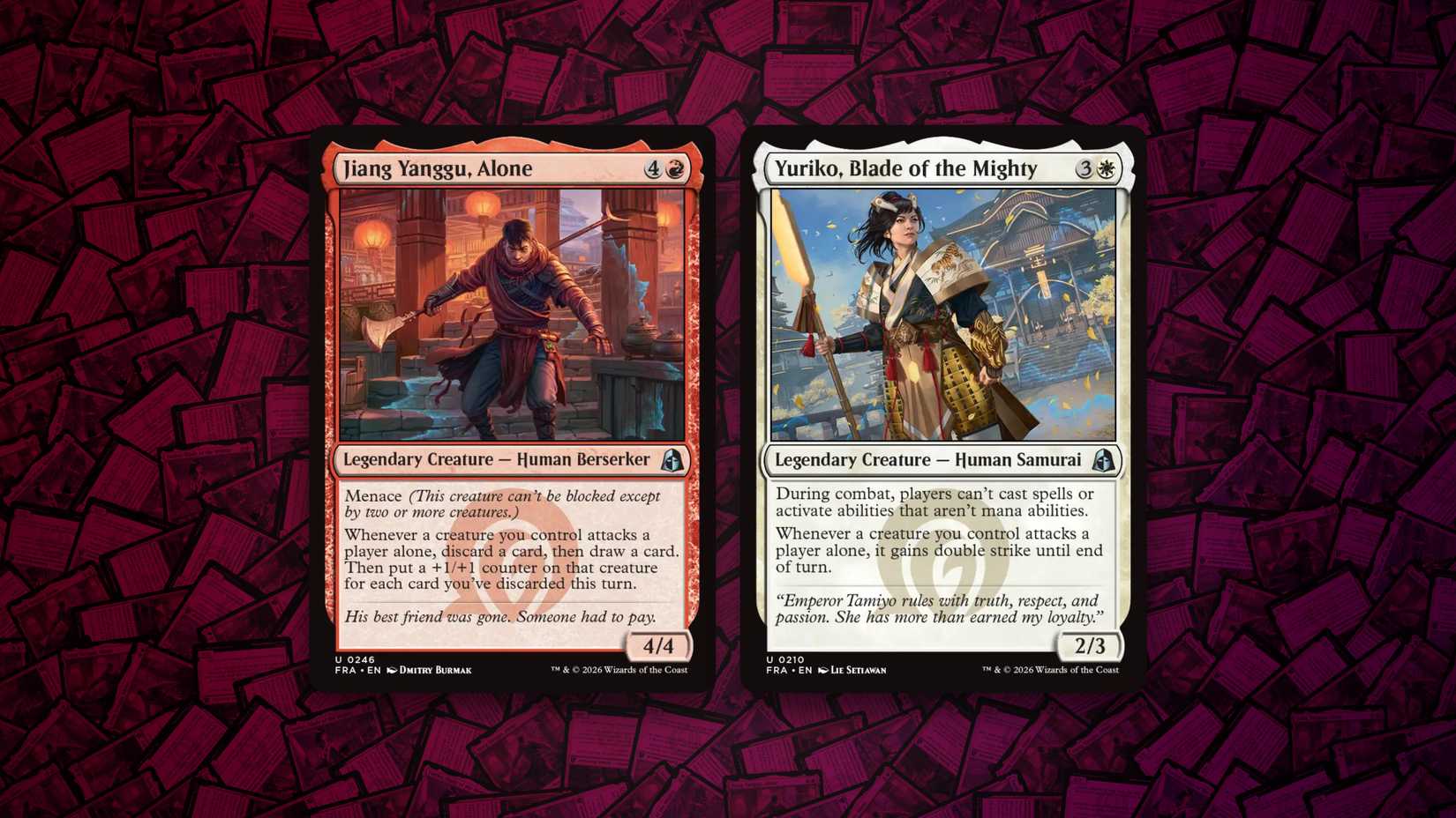 The cards Jiang Yanggu Alone and Yuriko Blade of the Mighty from MTG Reality Fracture