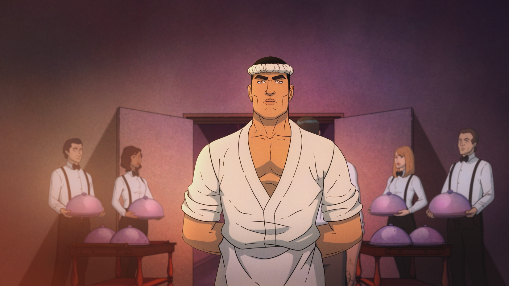Jiro stands in front of a group of four servers holding covered plates in Get Jiro