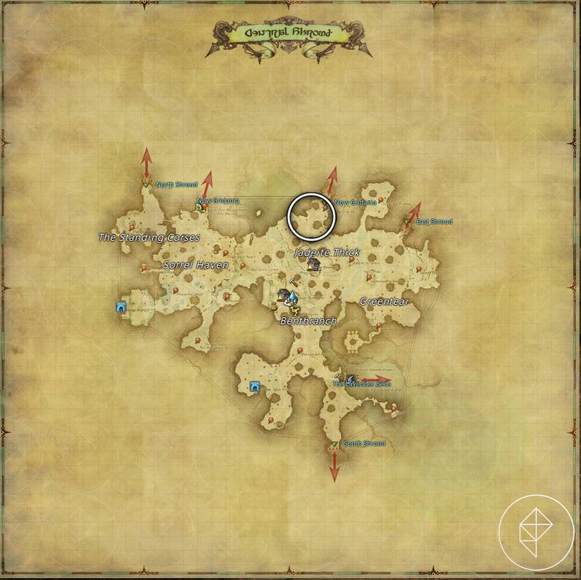 A map of Central Shroud in FFXIV showing where to find a Squirrel
