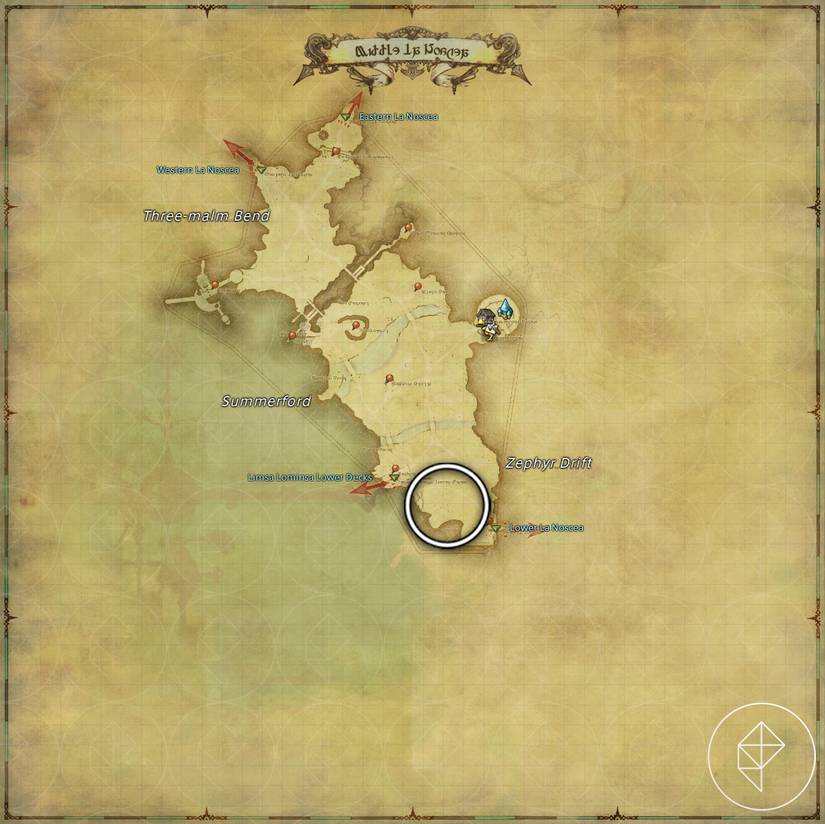 A map of Middle La Noscea in FFXIV showing where to find a Lamb