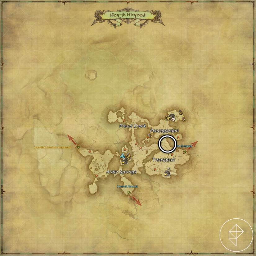 A map of North Shroud in FFXIV showing where to find an Opo-opo