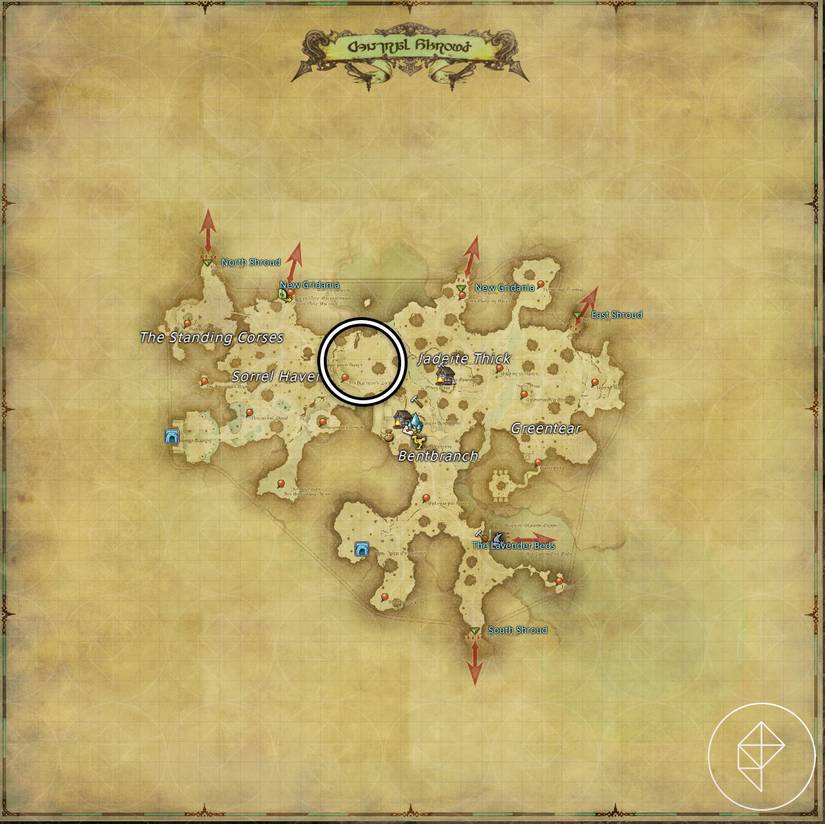 A map of Central Shroud in FFXIV showing where to find a Diremite