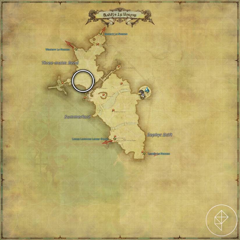 A map of Middle La Noscea in FFXIV showing where to find a Megalocrab