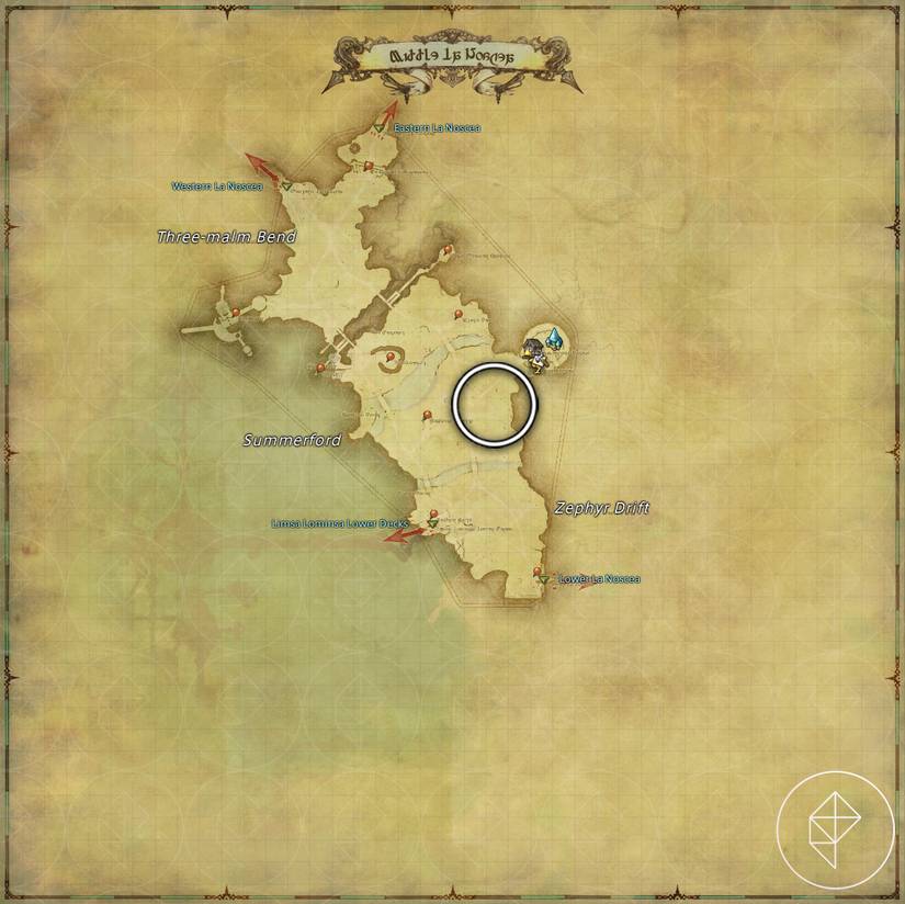 A map of Middle La Noscea in FFXIV showing where to find a Mandragora
