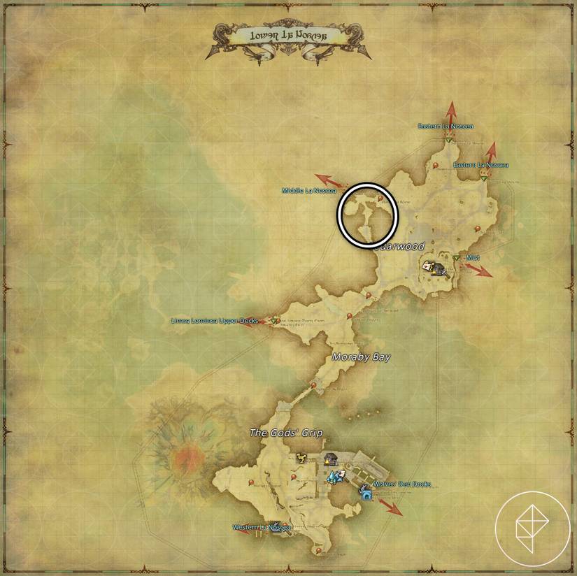 A map of Lower La Noscea in FFXIV showing where to find a Bat