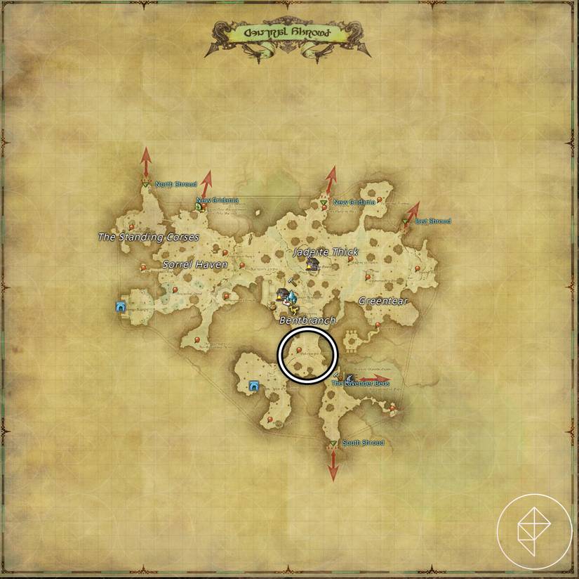 A map of Central Shroud in FFXIV showing where to find a Flying Trap