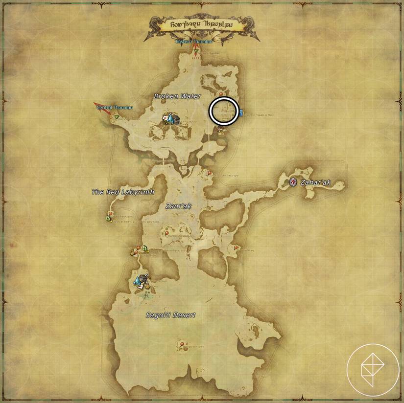 A map of Southern Thanalan in FFXIV showing where to find a Golem