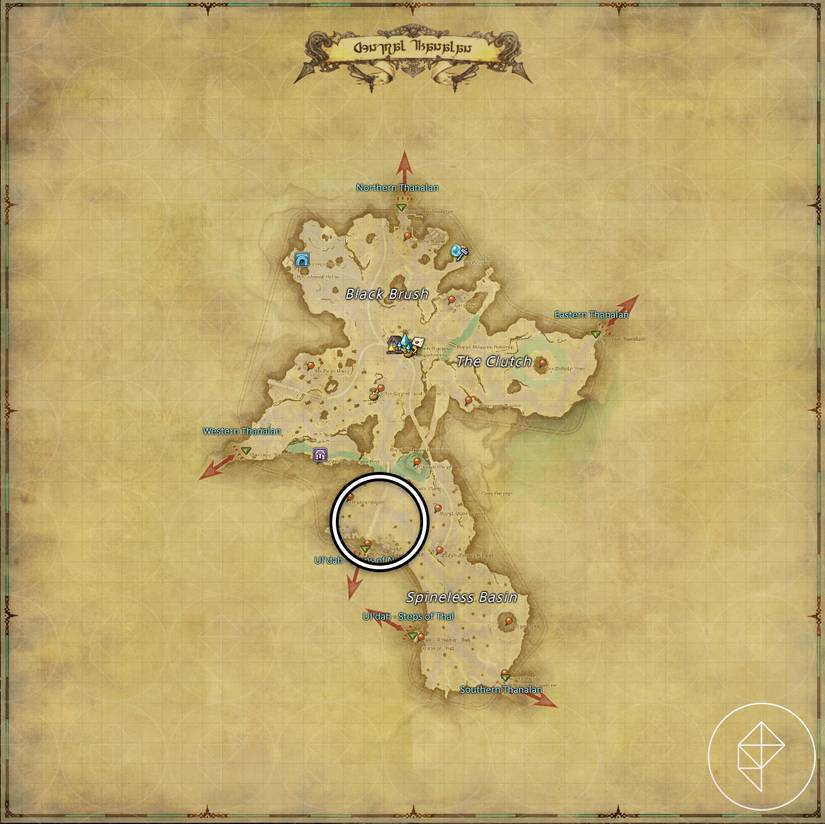 A map of Central Thanalan in FFXIV showing where to find a Giant Tortoise