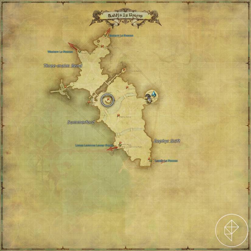 A map of Middle La Noscea in FFXIV showing where to find a Buffalo