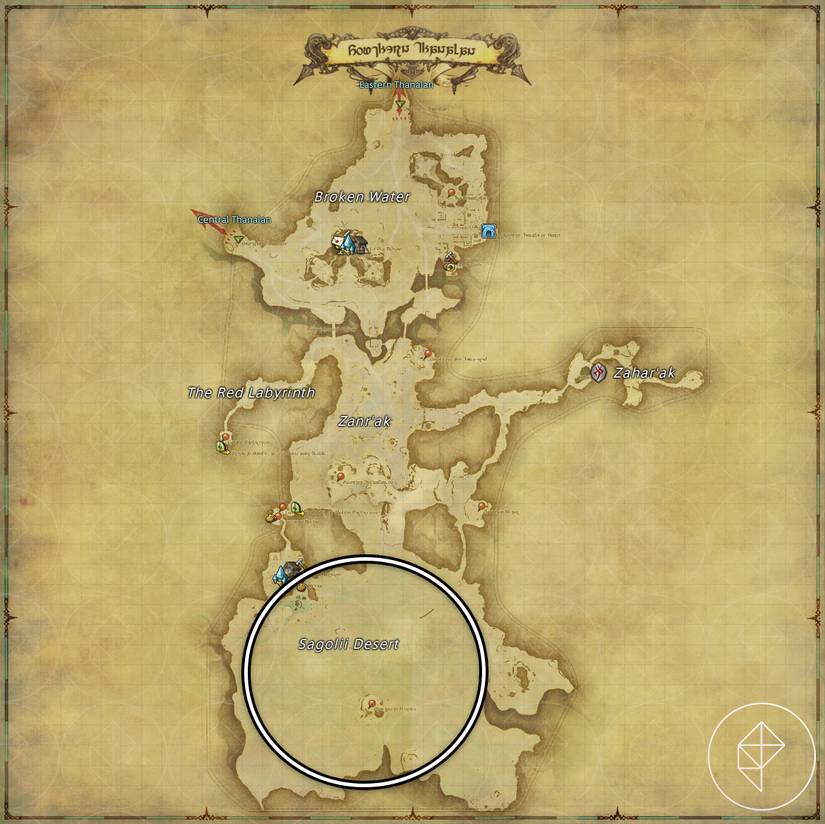 A map of Southern Thanalan in FFXIV showing where to find a Worm