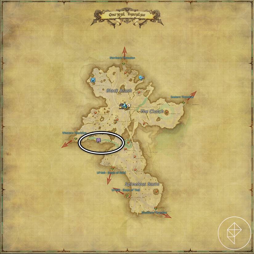 A map of Central Thanalan in FFXIV showing where to find a Spriggan