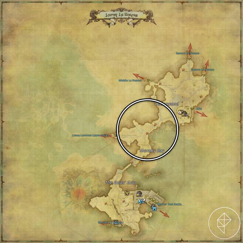 A map of Lower La Noscea in FFXIV showing where to find a Goobbue