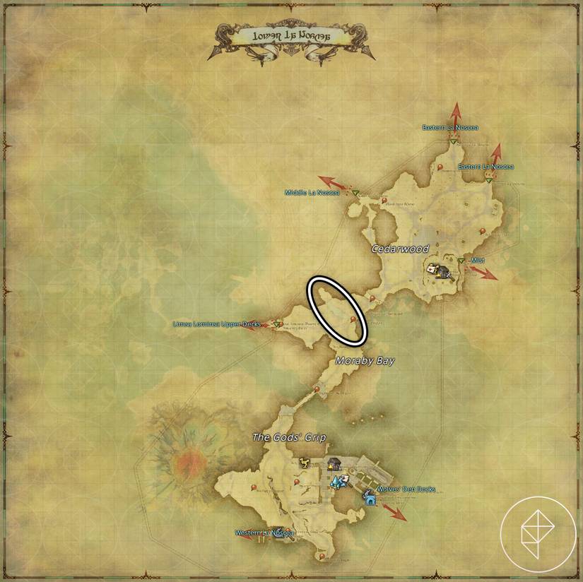 A map of Lower La Noscea  in FFXIV showing where to find a Gigantoad