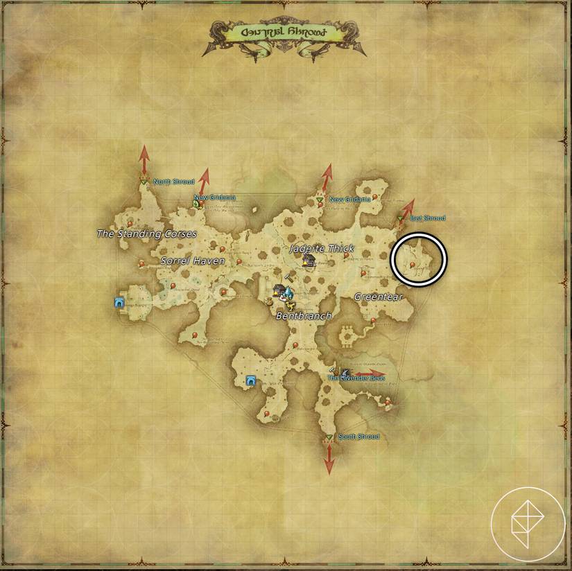 A map of Central Shroud in FFXIV showing where to find a Raptor