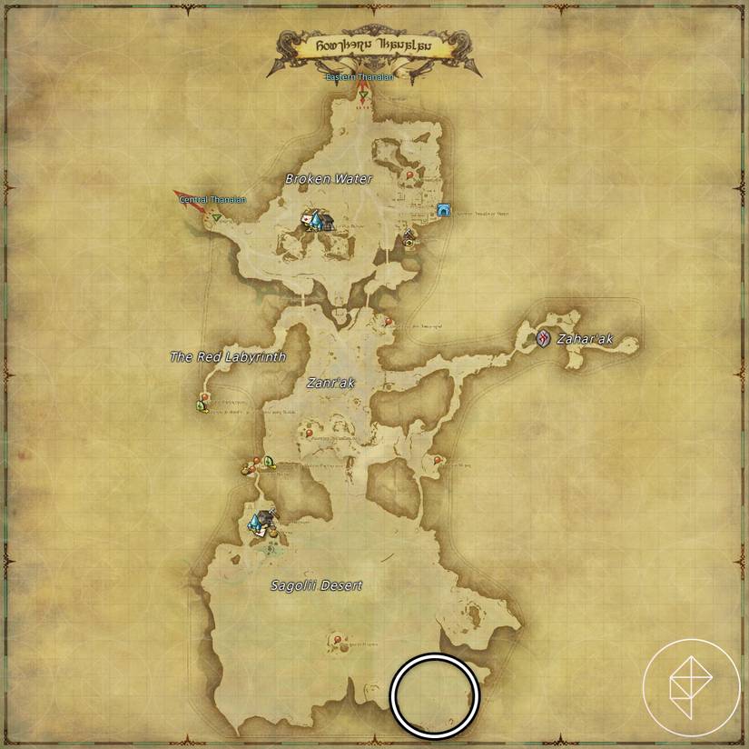 A map of Southern Thanalan in FFXIV showing where to find a Drake