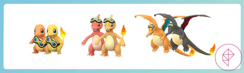 Charmander, Charmeleon, and Charizard wearing Friede's goggles in Pokémon Go