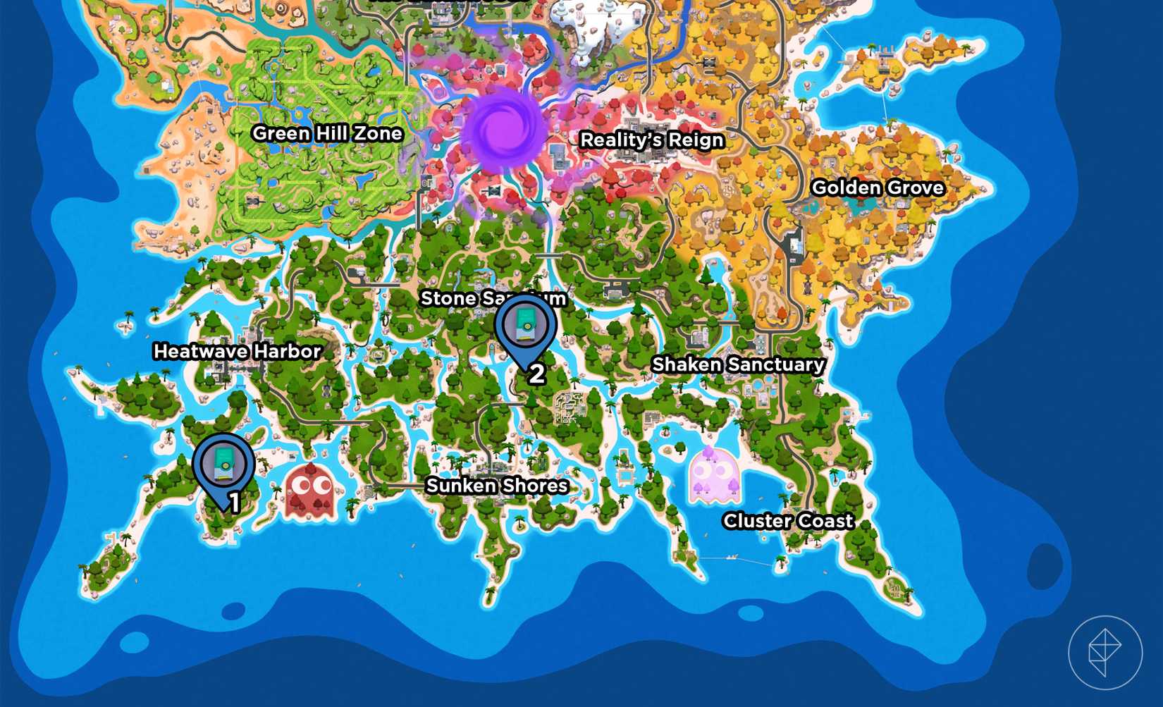 A map showing where to find two audio logs in Fortnite's southern half of the map