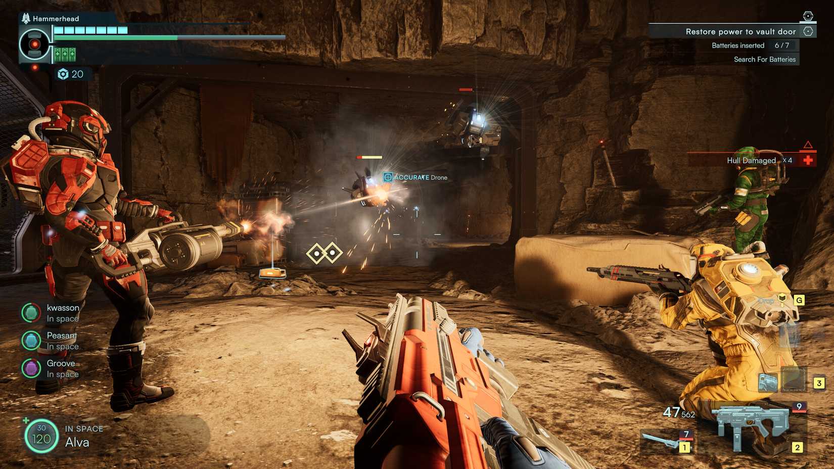 A first person shot of a character with a gun fighting robots.