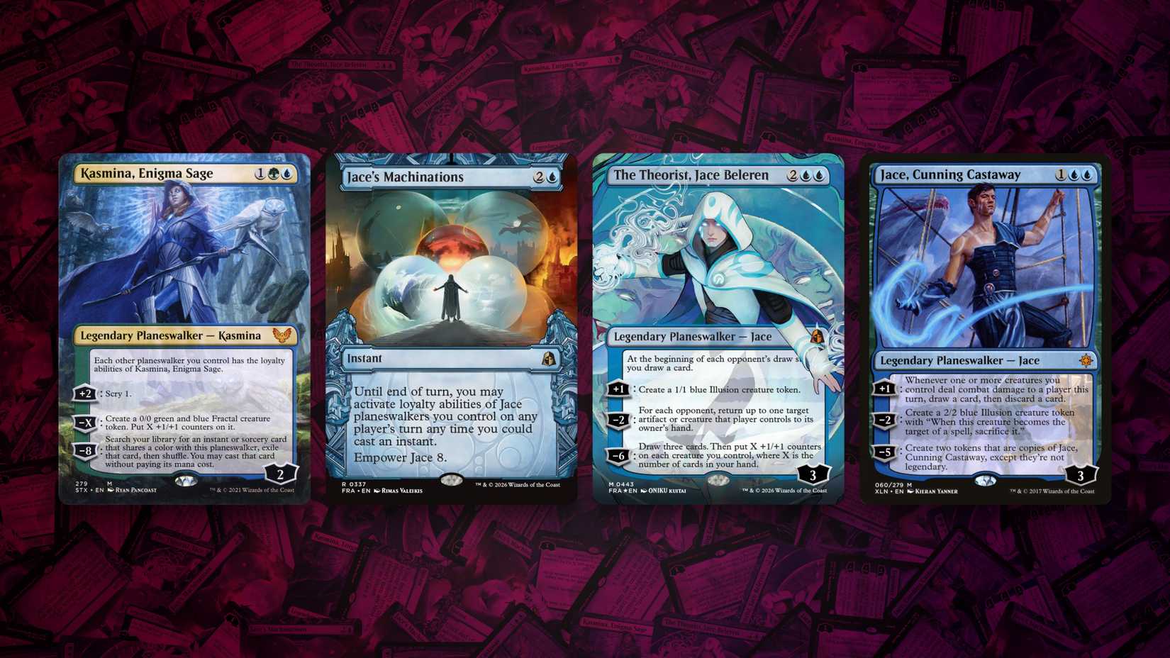 Screenshots of Magic: The Gathering cards Kasmina, Enigma Sage, Jace's Machinations, The Theorist, Jace Beleren, and Jace, Cunning Castaway