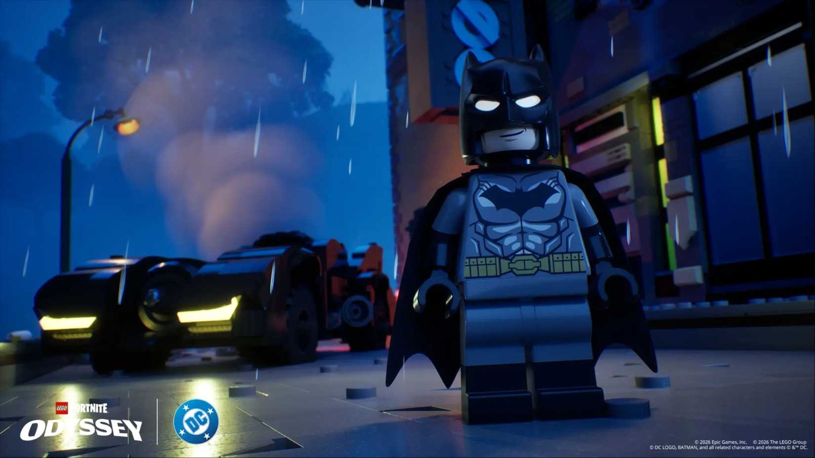 lego batman by the batmobile in fortnite