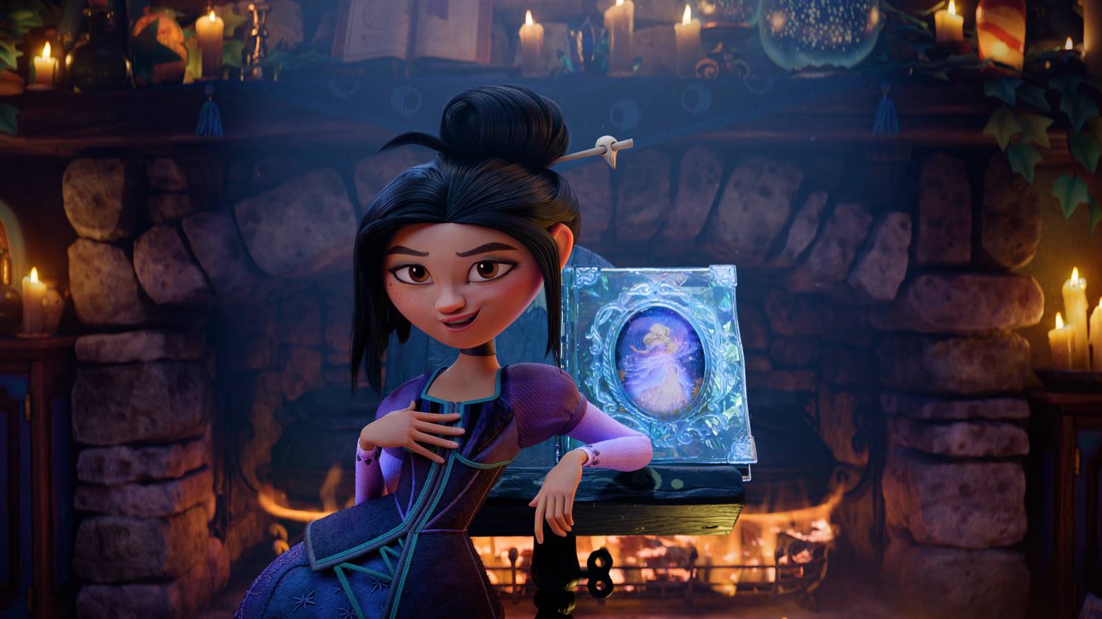 Lilith stands next to a storybook with Cinderella on the cover in Steps