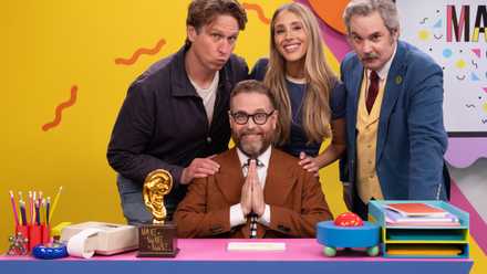 Make Some Noise Season 5 photo showing Sam Reich, Pete Holmes, Lisa Gilory, and Paul F. Thompkins behind the desk