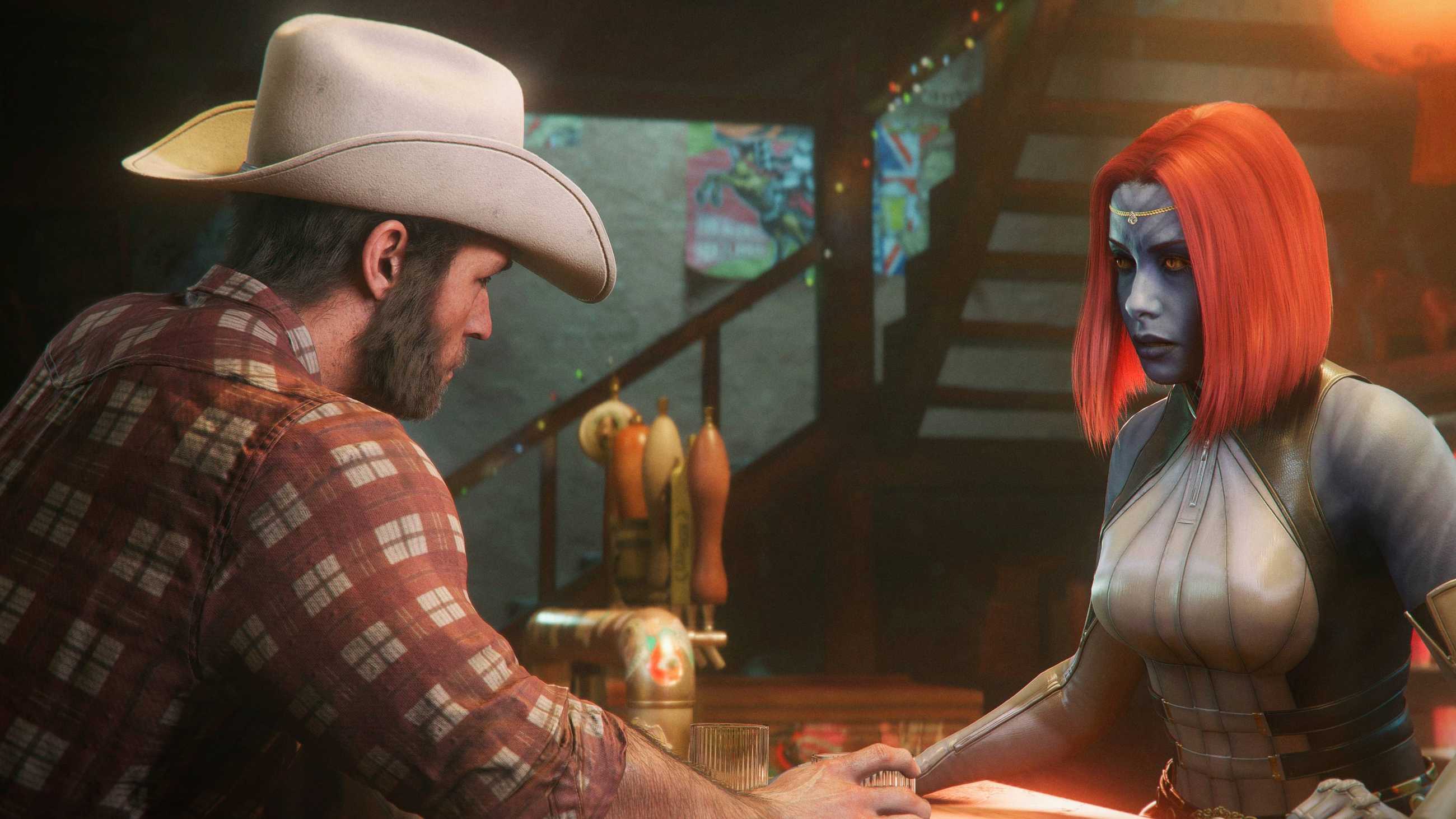 Logan and Mystique have a drink in Madripoor in Marvel's Wolverine