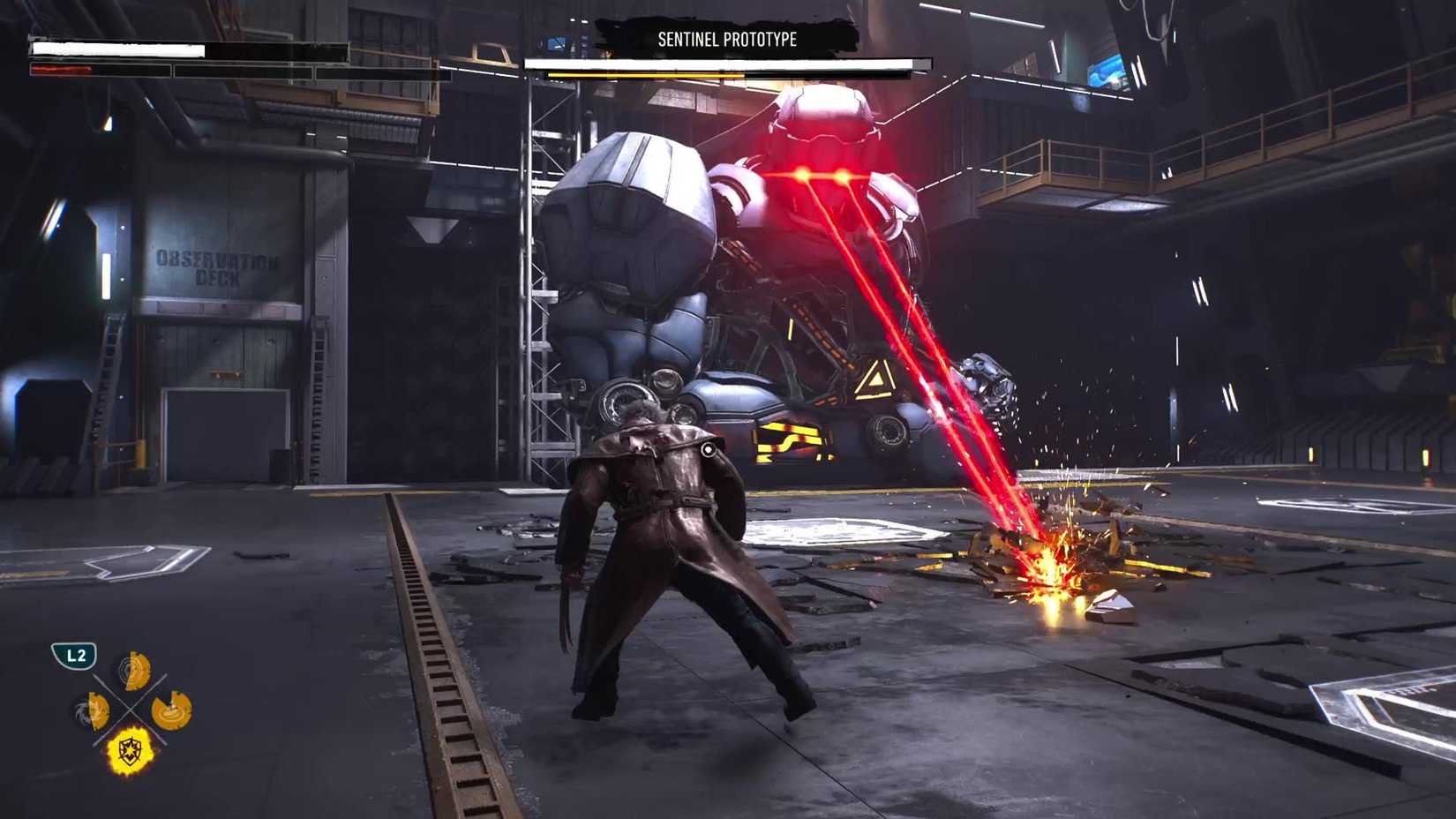 Logan fighting the Sentinel Prototype in Marvel's Wolverine.