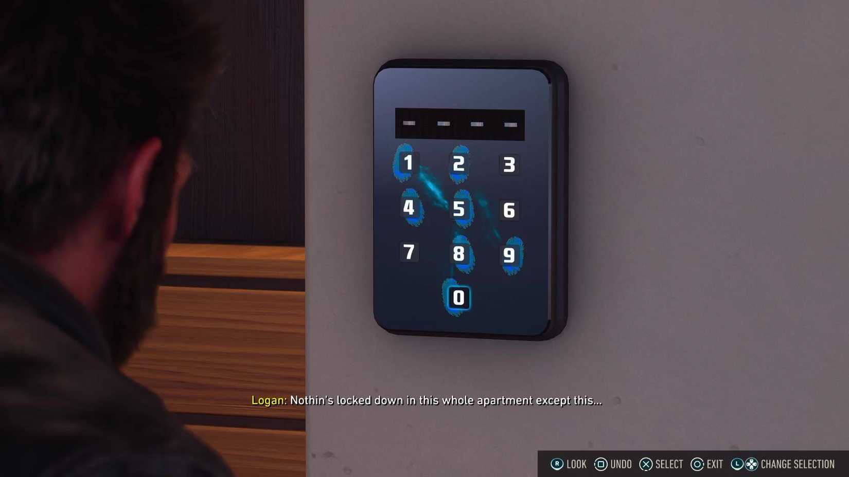 Logan looking at the keypad on Shiro's closet in Marvel's Wolverine.