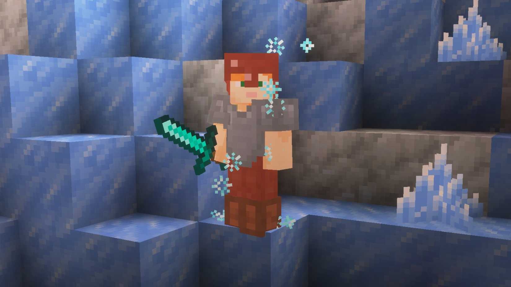 A player in an ice cave in Minecraft