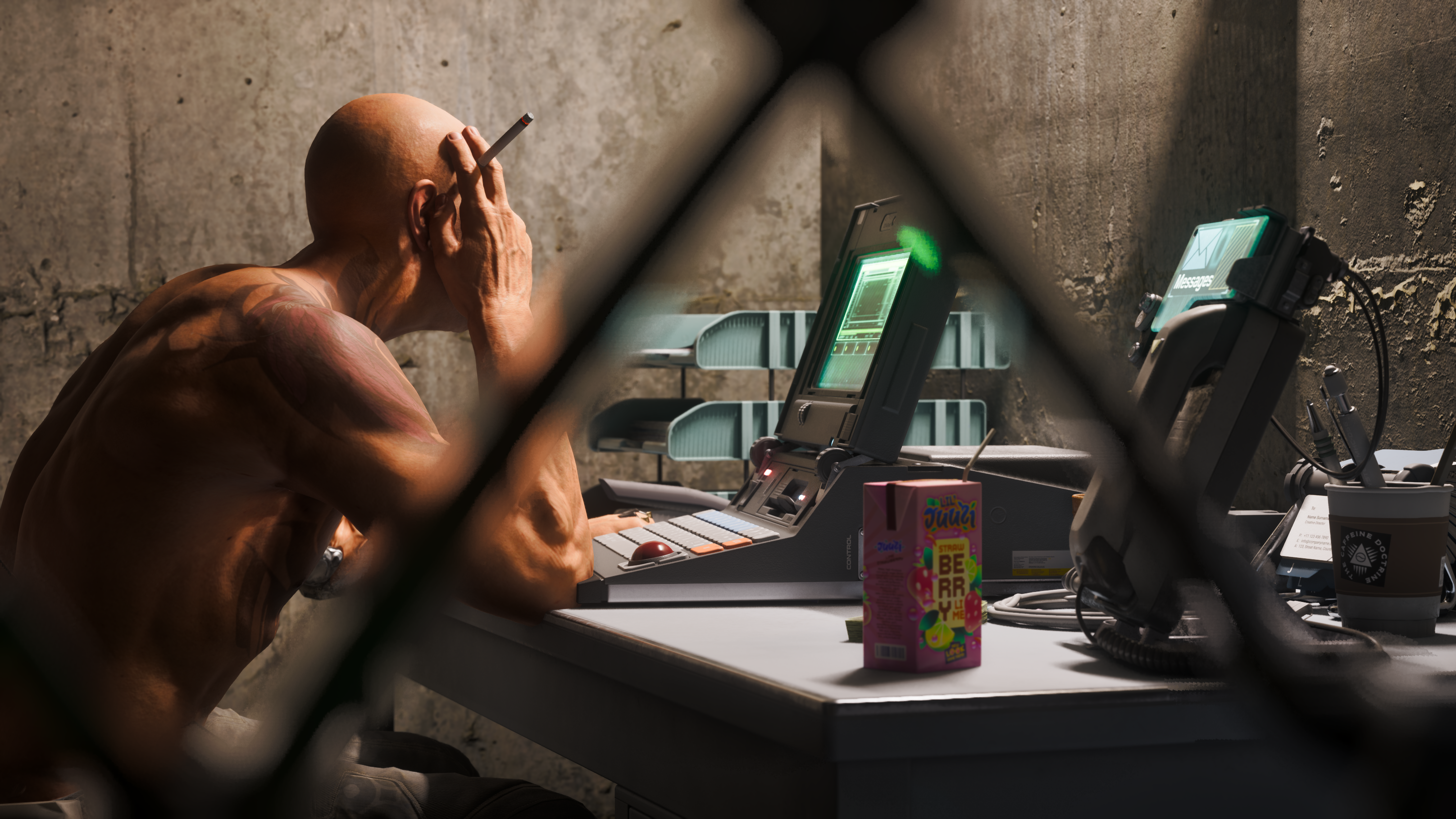 A man smokes a cigarette at a computer in No Law