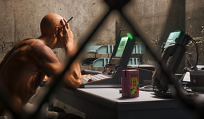 A man smokes a cigarette at a computer in No Law